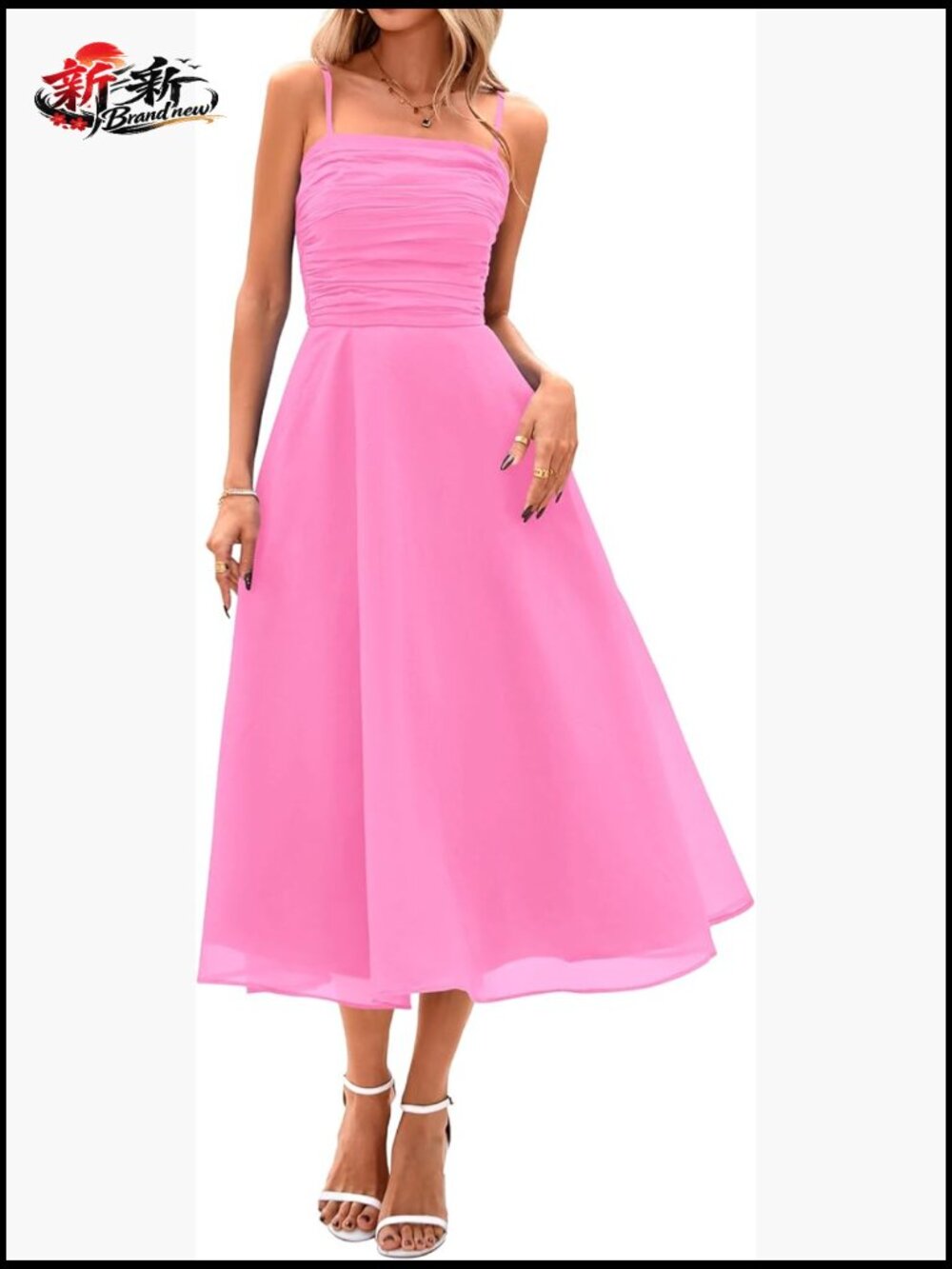 Spaghetti Strap Sleeveless Smocked Flowy Midi Wedding Guest Dress with Pockets